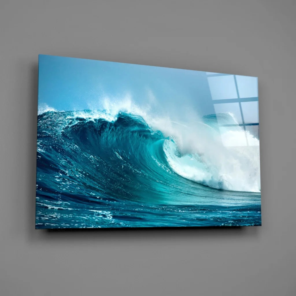 Stunning blue wave canvas wall art with textured ocean foam