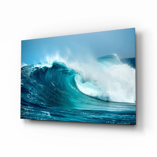 Stunning blue wave canvas wall art with textured ocean foam design