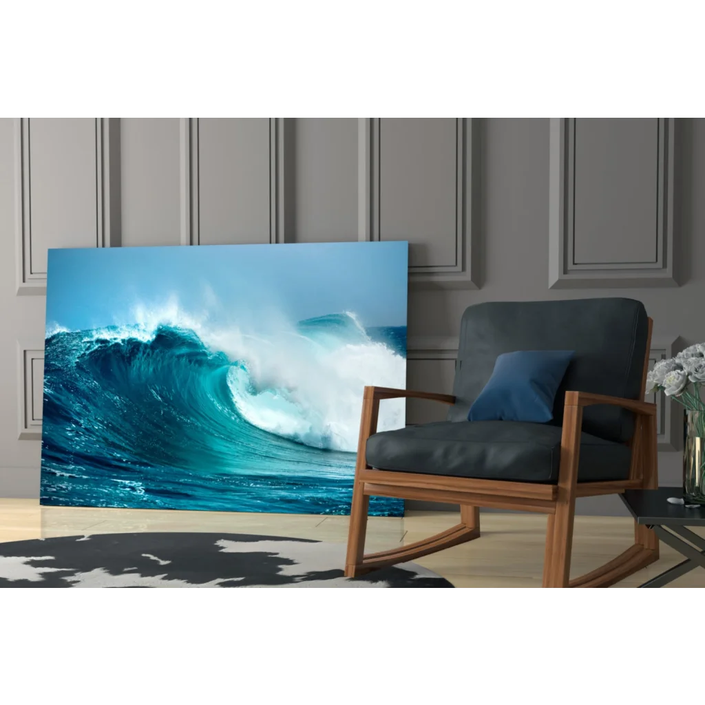 Stunning blue wave canvas wall art with textured turquoise foam