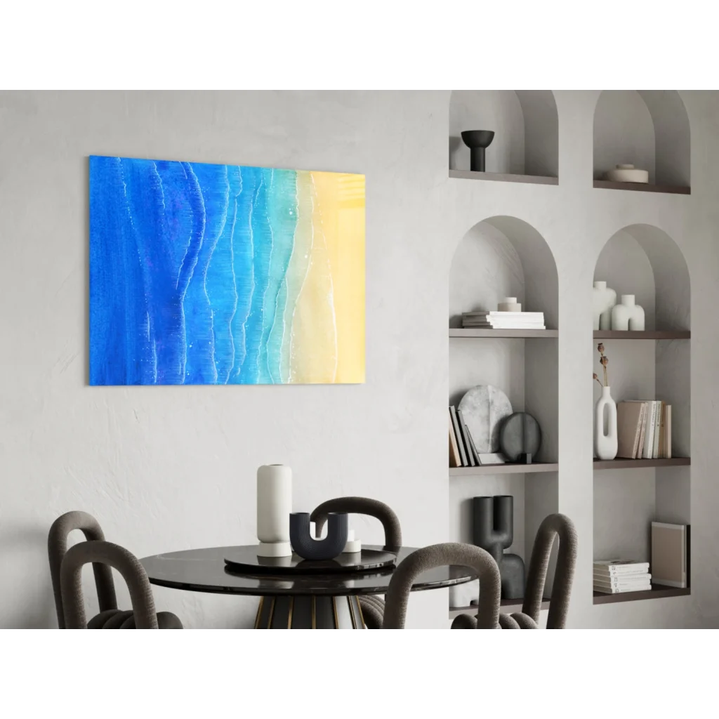 Stunning blue wave glass wall art with golden accents and flowing lines