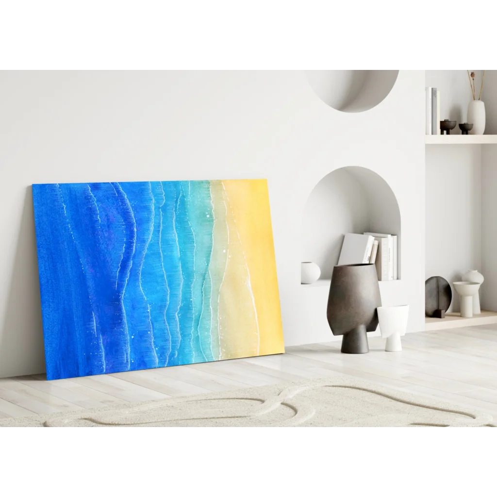 Stunning blue wave glass wall art with golden accents and textured waves