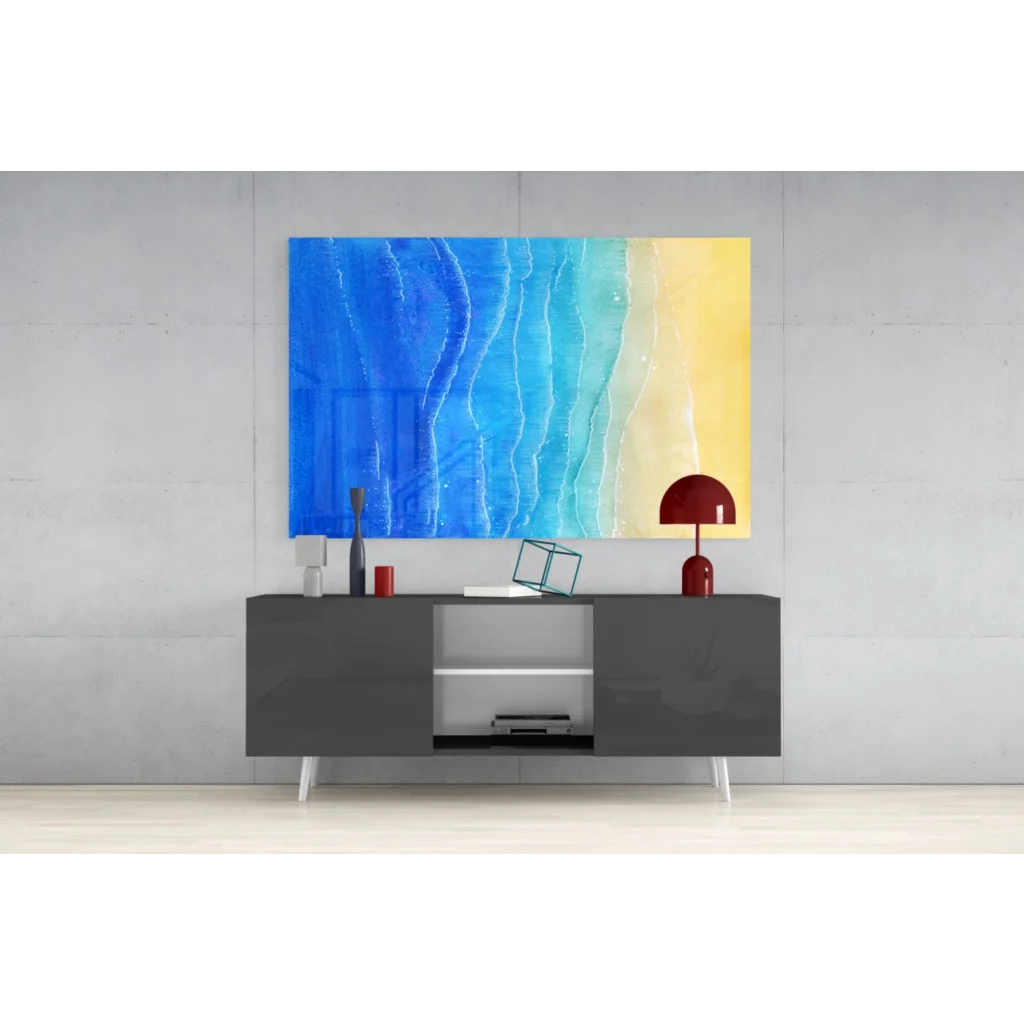 Stunning blue wave glass wall art with golden accents