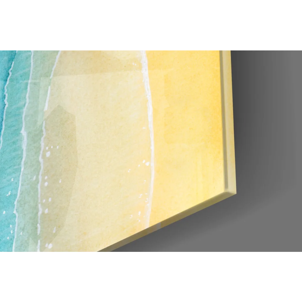 Stunning blue wave glass wall art with golden beach accents