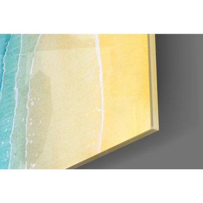 Stunning blue wave glass wall art with golden beach accents