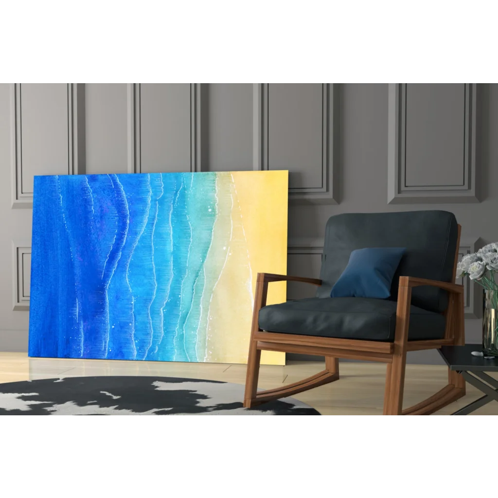 Stunning blue wave glass wall art with golden accents and textured waves