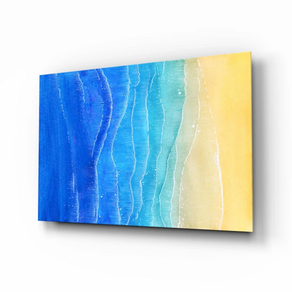 Stunning blue wave glass wall art with golden accents and yellow hues