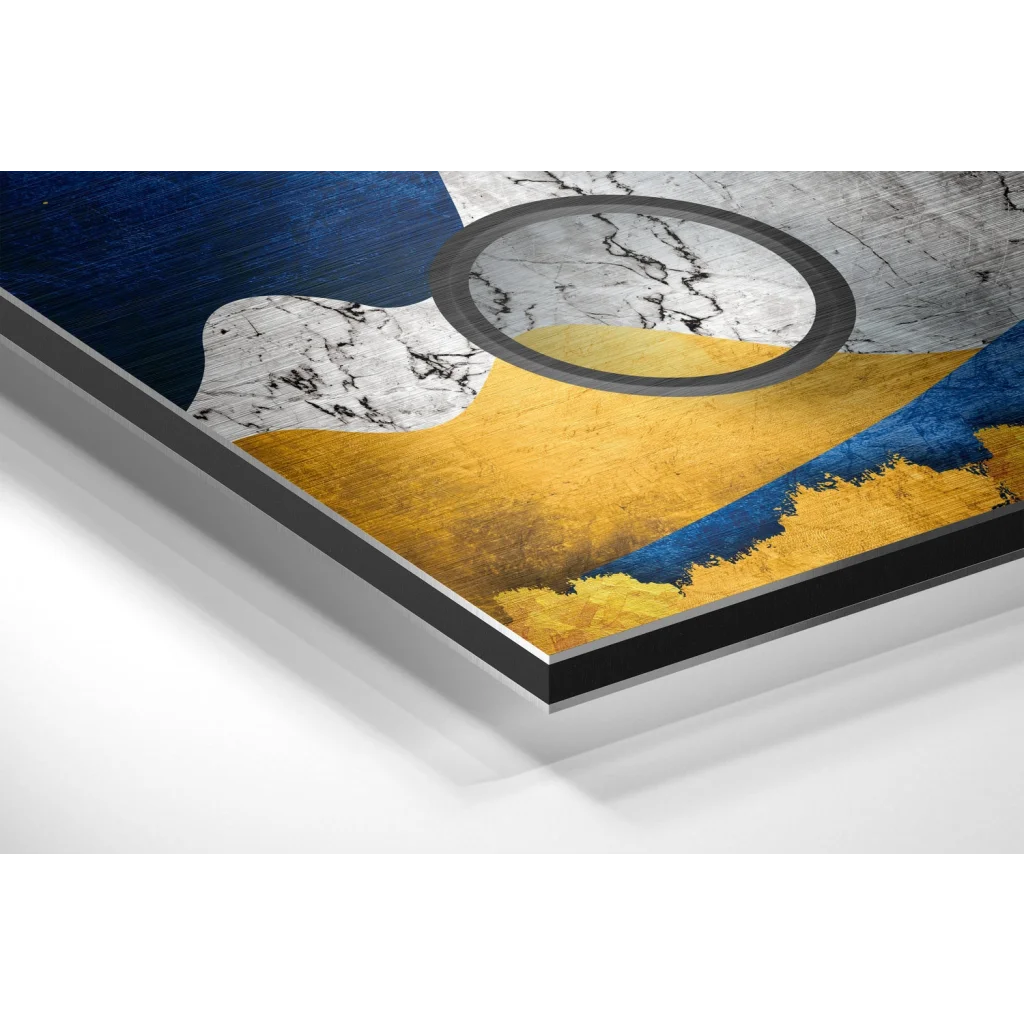 Glass Wall Art Stunning blue yellow abstract art print on brushed aluminium dibond