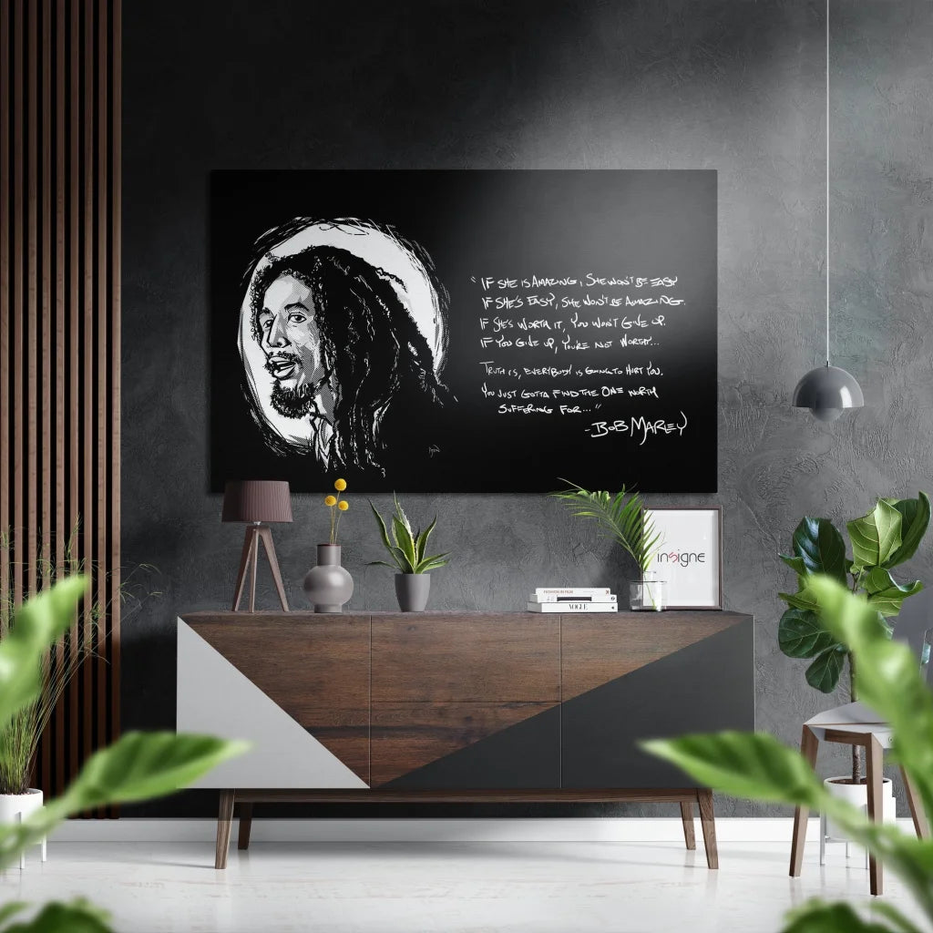 Stunning Bob Marley black and white portrait on brushed aluminium dibond