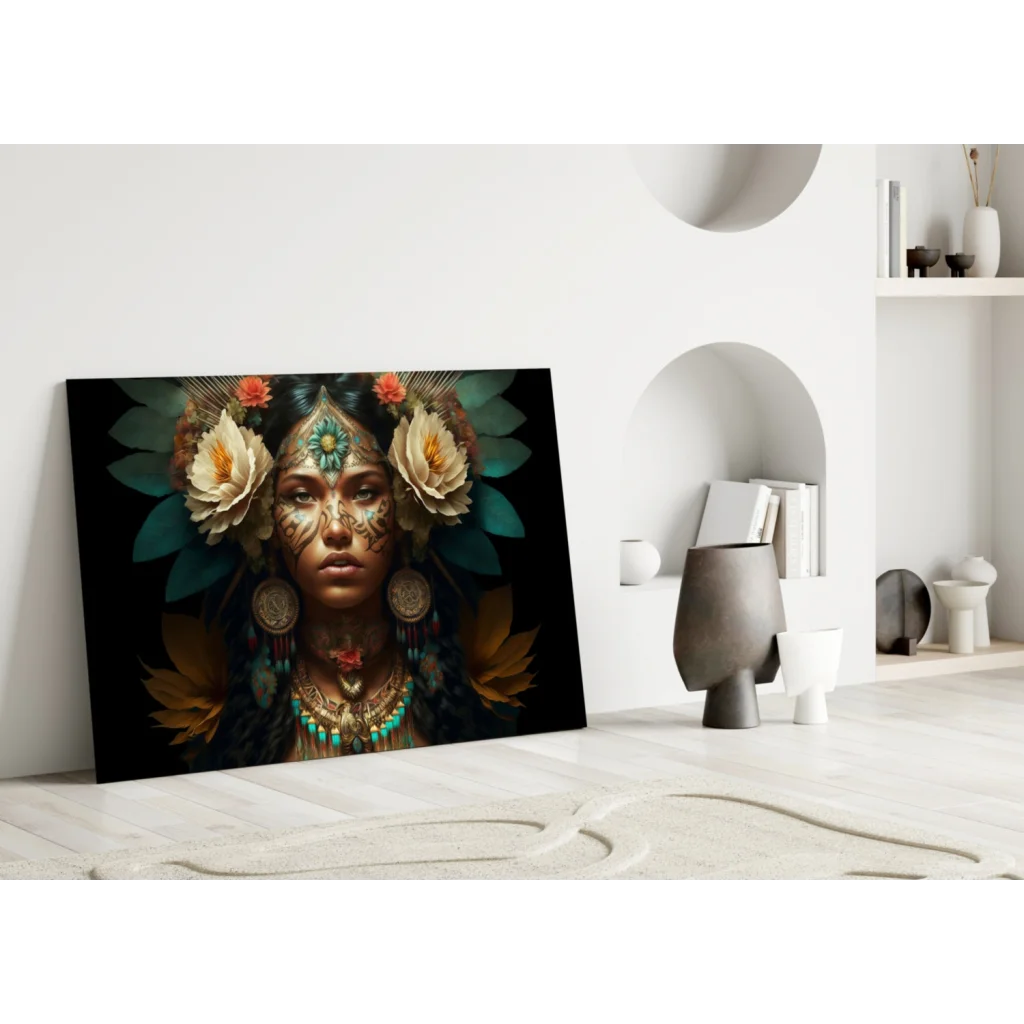 Stunning bohemian goddess wall art with floral feathered headdress