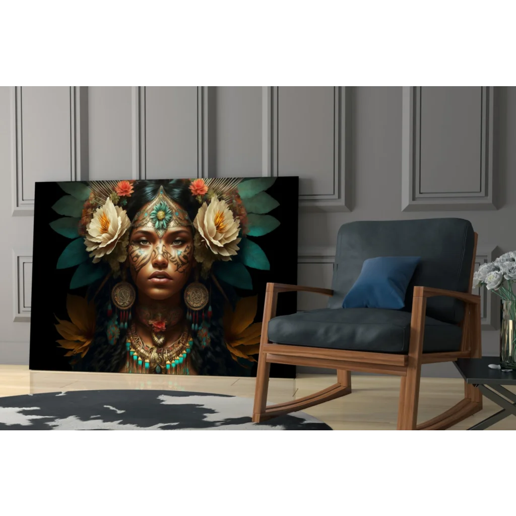 Bohemian goddess canvas wall art with florals, feathers, tattoos