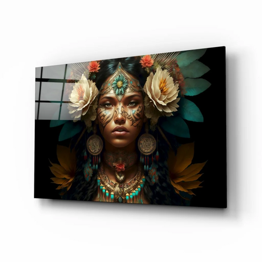 Bohemian goddess canvas wall art with floral headpiece and gold jewelry