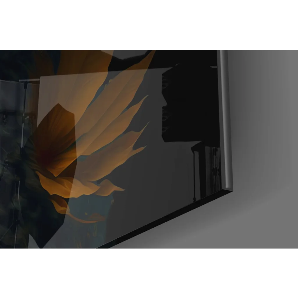 Sleek monitor framing vibrant Bohemian Goddess glass wall art with florals