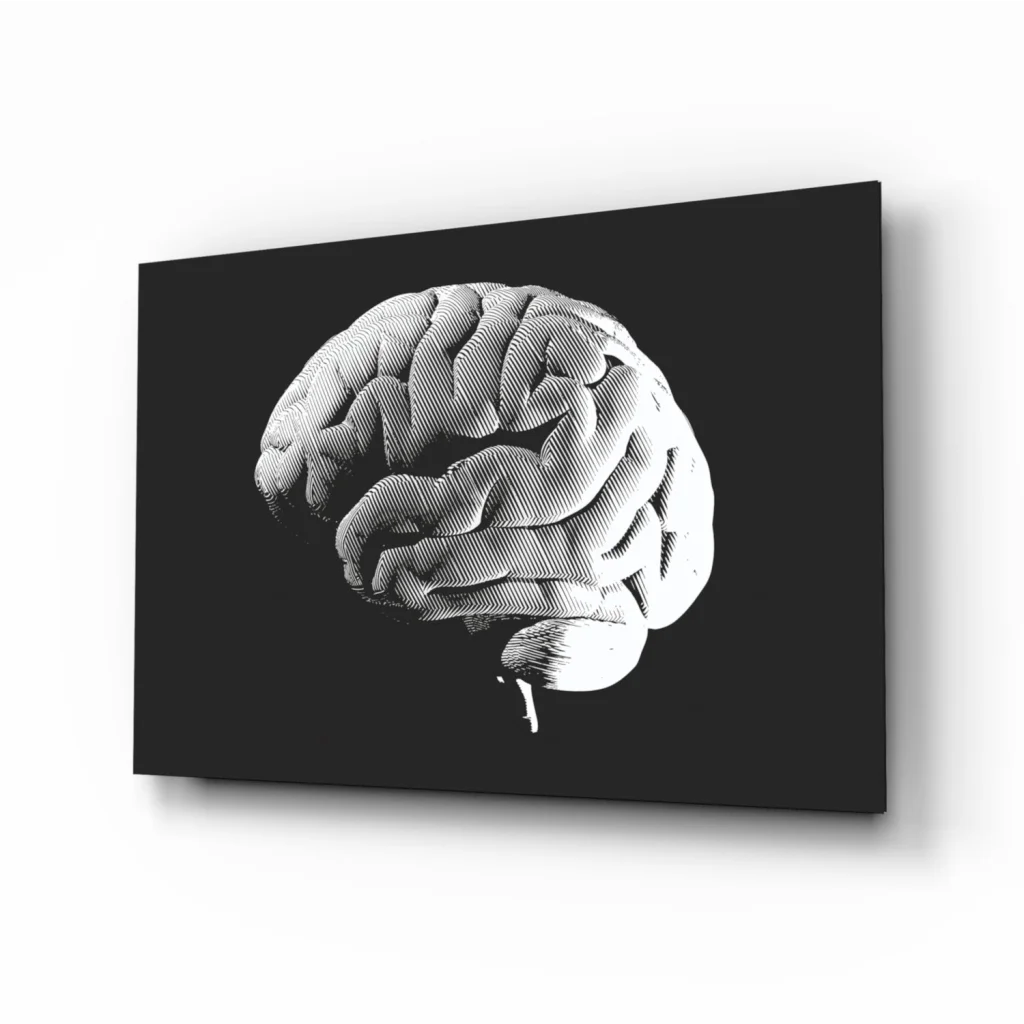 Black canvas wall art with white halftone brain illustration