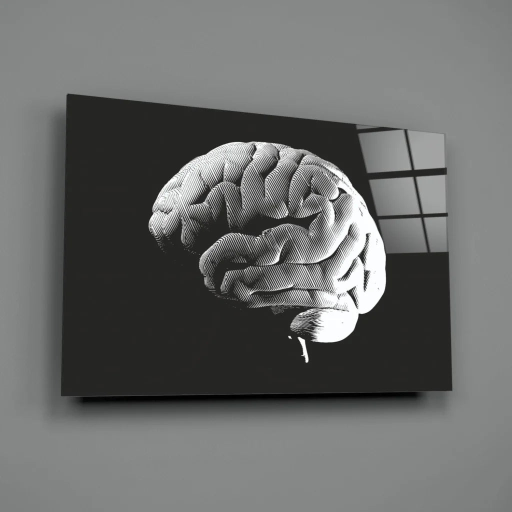 Stylized black-and-white brain anatomy wall art on sleek canvas