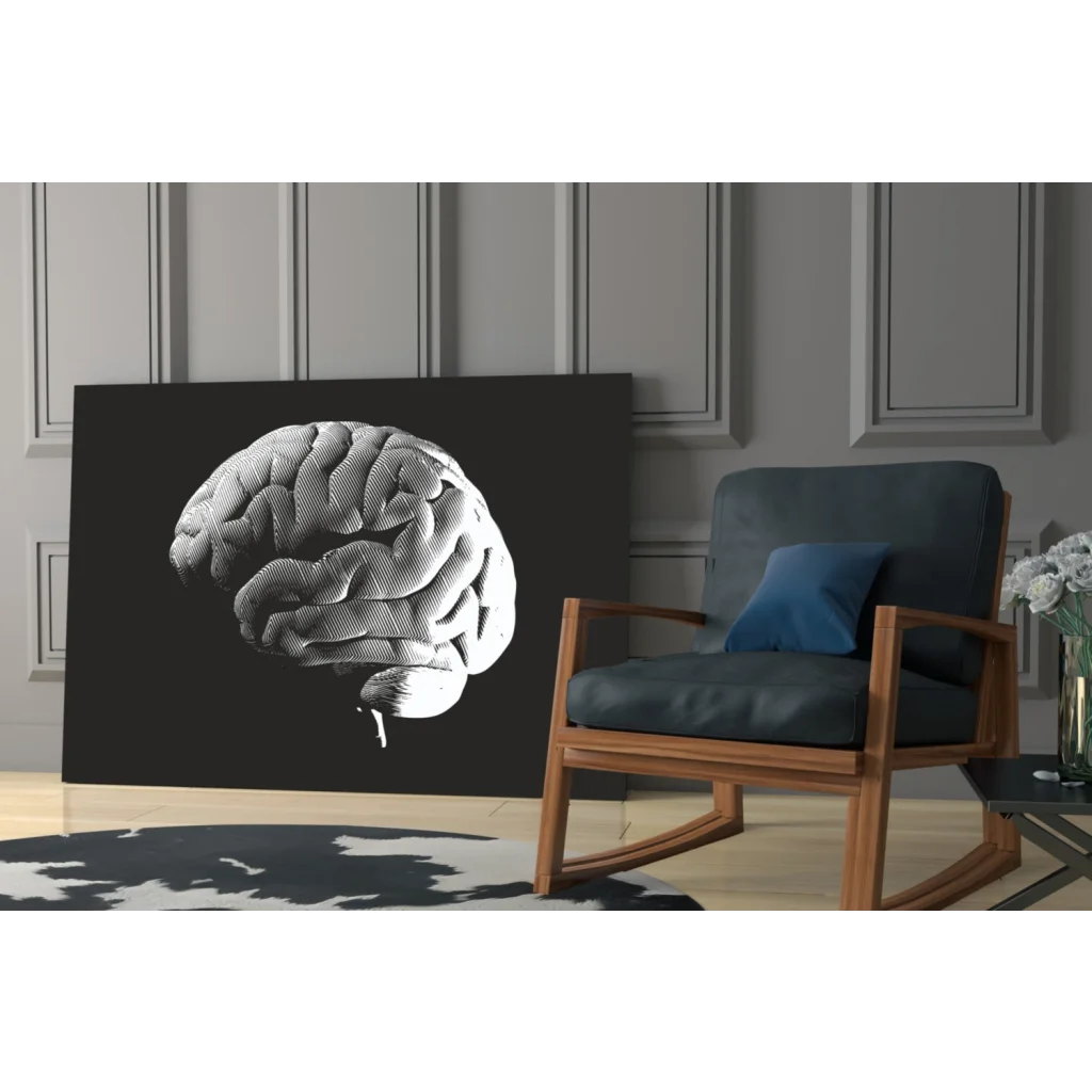 Detailed black-and-white brain anatomy wall art on dark canvas