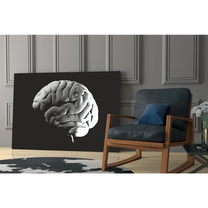 Detailed black-and-white brain anatomy wall art on dark canvas