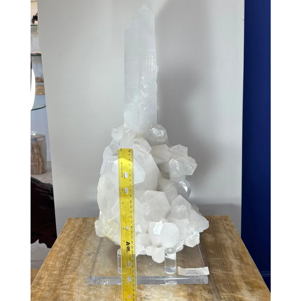 Stunning Brazilian quartz crystal tower with pointed spike on acrylic stand