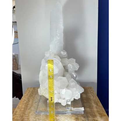 Stunning Brazilian quartz crystal tower with pointed spike on acrylic stand
