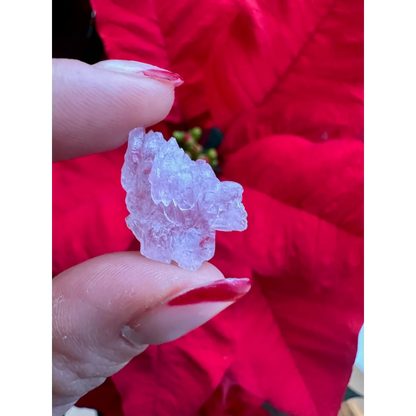 Stunning rose quartz crystal cluster with leaf-like icy facets