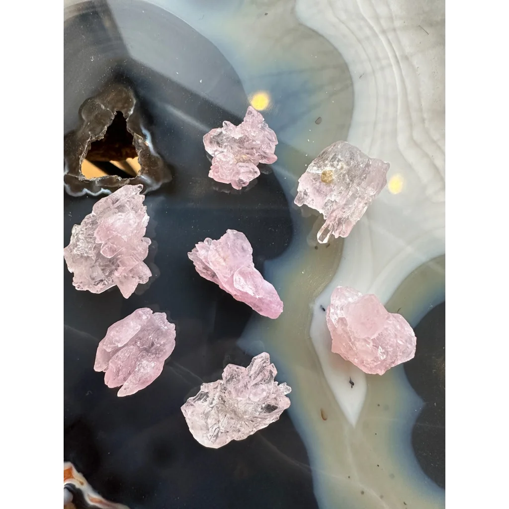 Stunning Brazilian rose quartz crystal cluster on agate slab