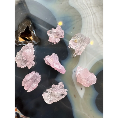 Stunning Brazilian rose quartz crystal cluster on agate slab