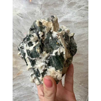 Hand holding stunning Brazilian tourmaline on albite crystals