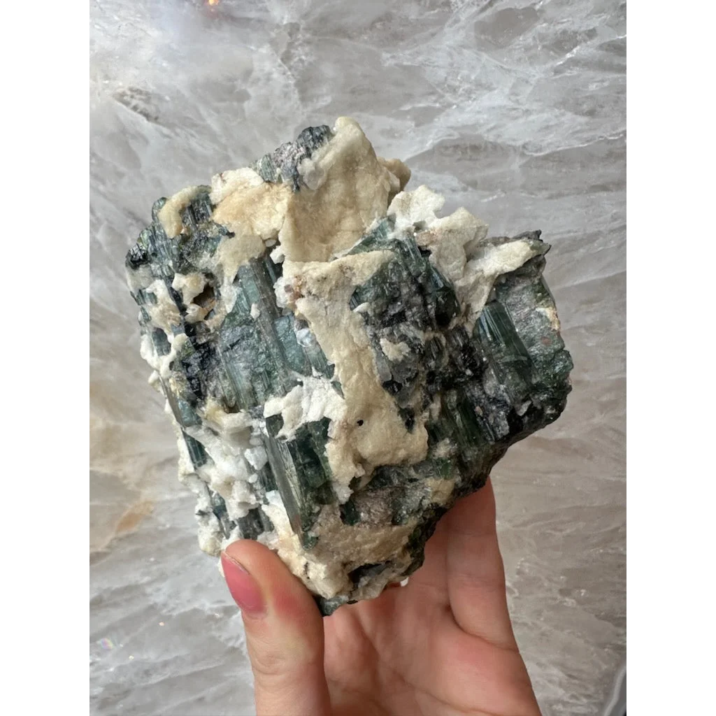 Hand holding Brazilian tourmaline crystals on albite matrix