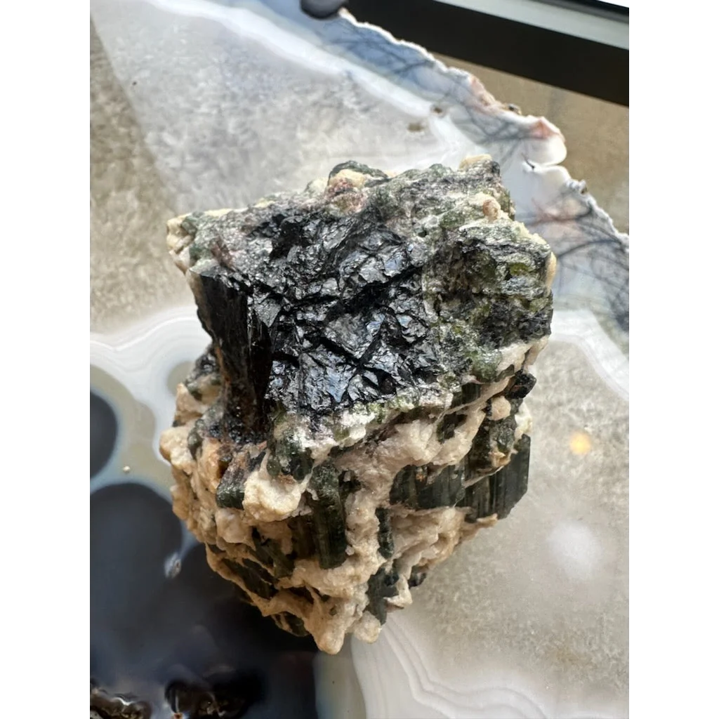 Stunning black green Brazilian tourmaline cluster on albite