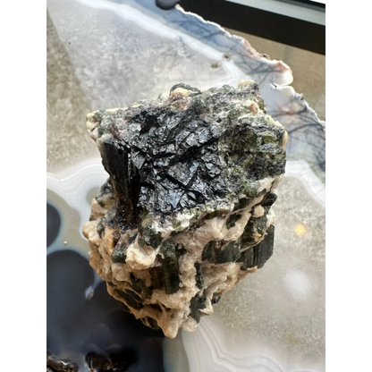 Stunning black green Brazilian tourmaline cluster on albite
