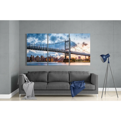Stunning blue gray bridge cityscape three panel wall art canvas