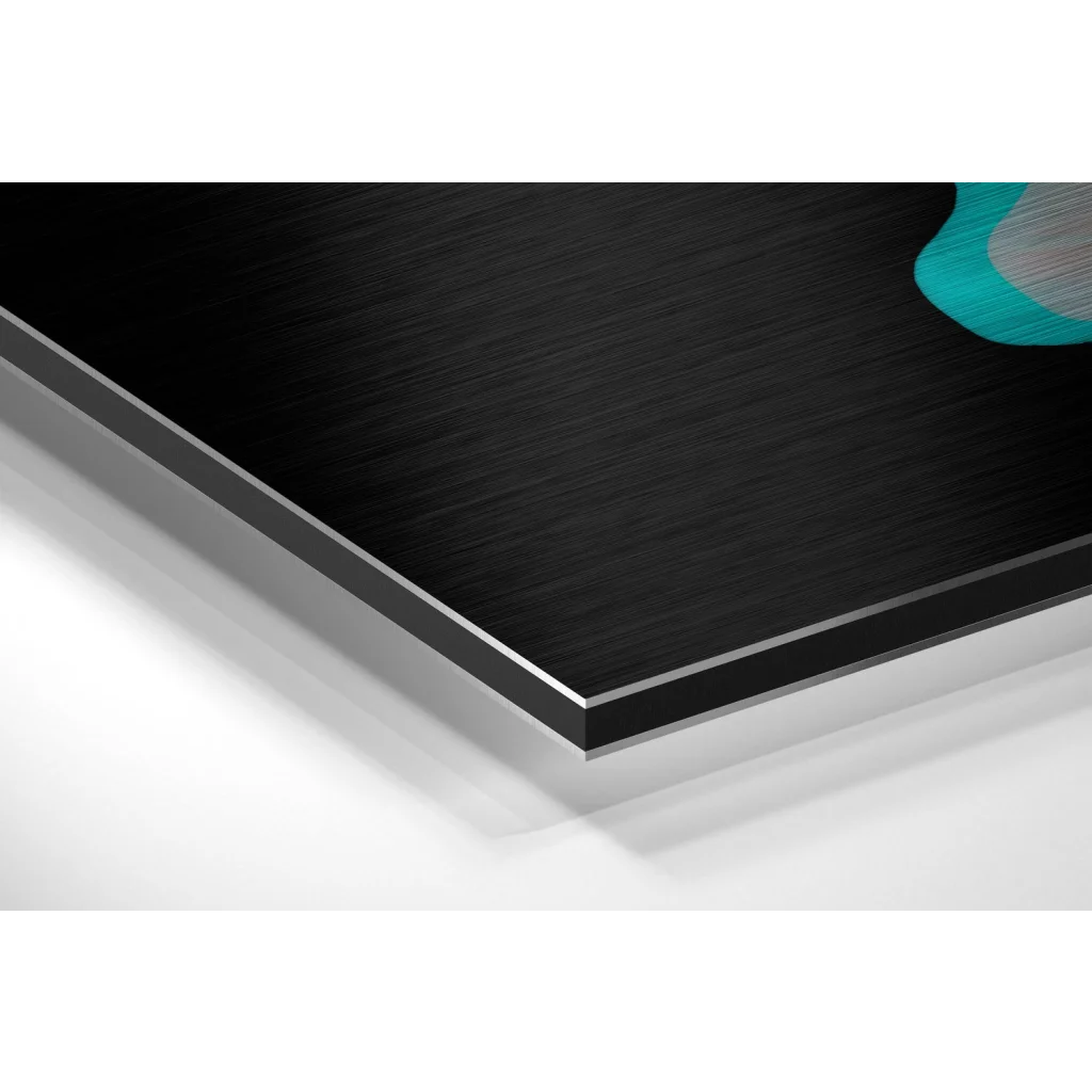 Glass Wall Art Black brushed aluminium Dibond laptop art with teal accents