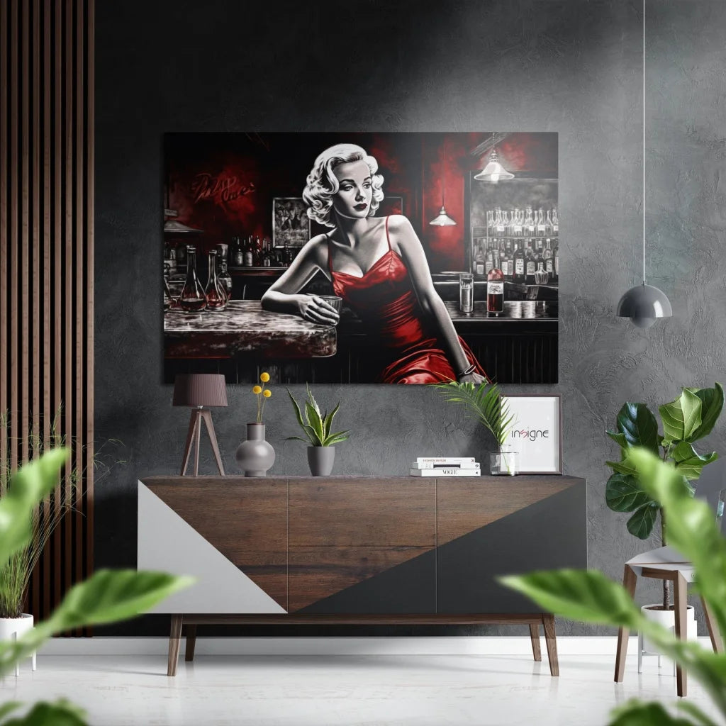 Stylized Marilyn Monroe in red satin dress on brushed aluminium dibond art
