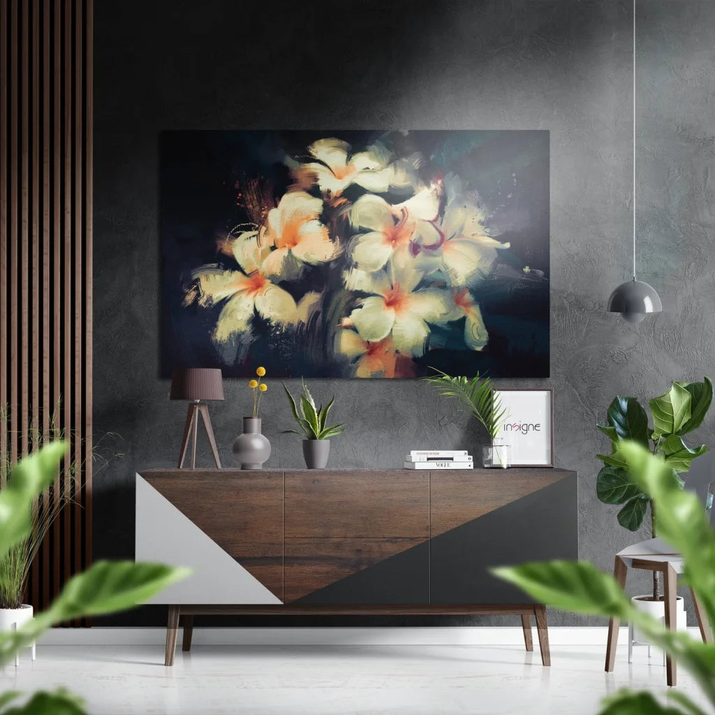 Modern black and white abstract floral art with yellow accents on brushed aluminium dibond