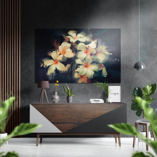 Modern black and white abstract floral art with yellow accents on brushed aluminium dibond
