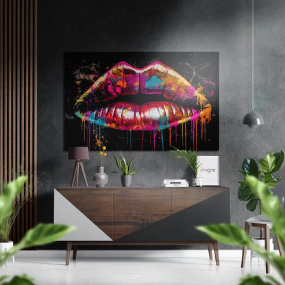 Vibrant glossy lips art print on brushed aluminium dibond with dripping pink, magenta, gold, teal effects on black