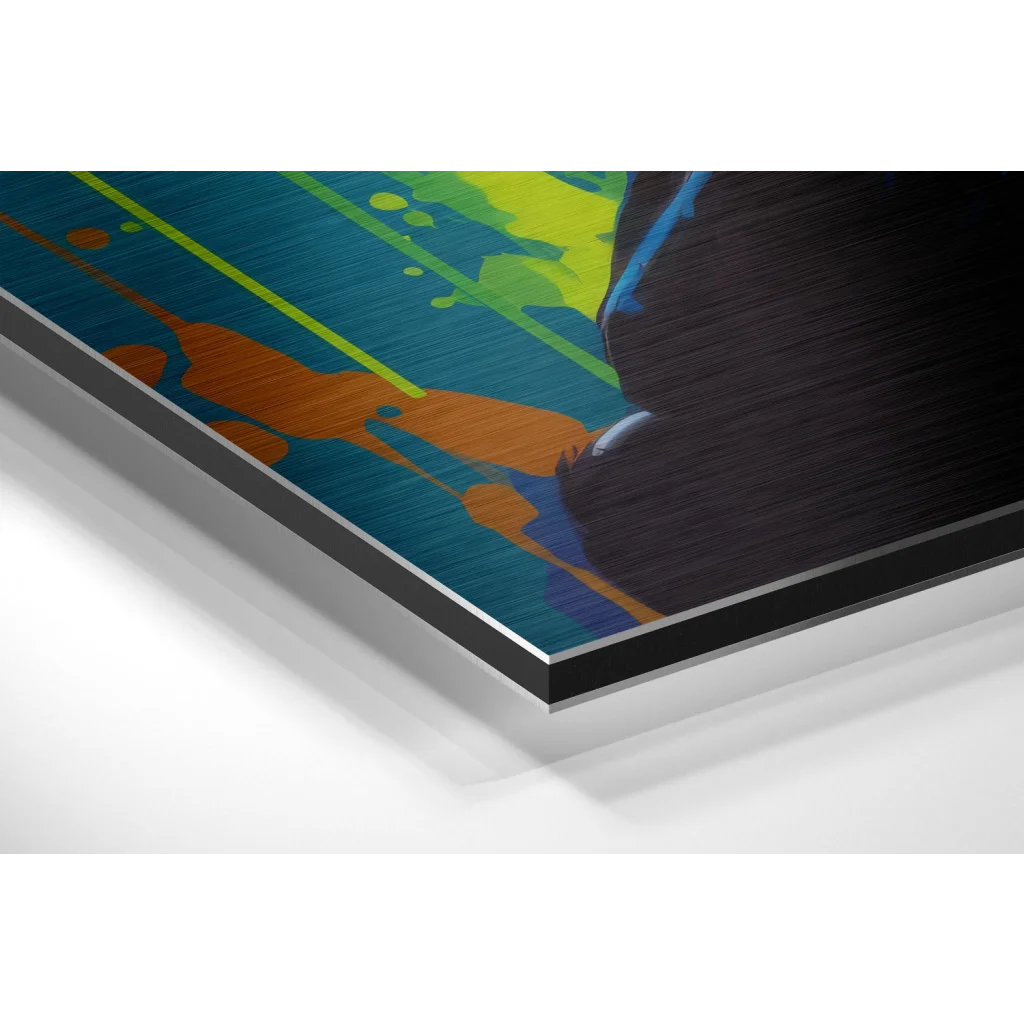 Glass Wall Art Vibrant abstract art print on brushed aluminium dibond with teal, orange, lime green splashes