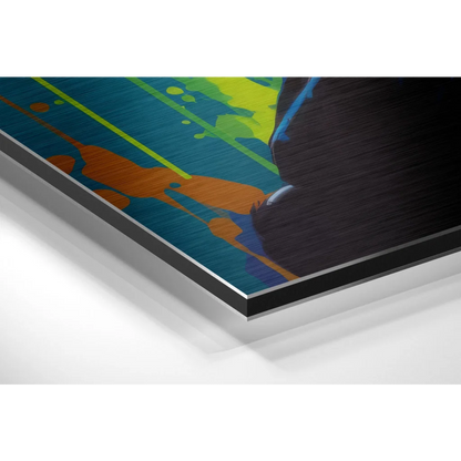 Vibrant abstract art print on brushed aluminium dibond with teal, orange, lime green splashes