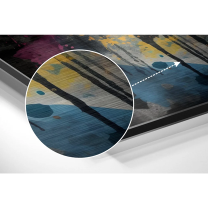 Vibrant brushed aluminium dibond abstract art print with Pollock-style textured brushstrokes