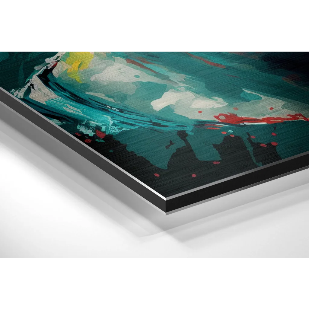 Stunning green white abstract art print on brushed aluminium dibond with black frame