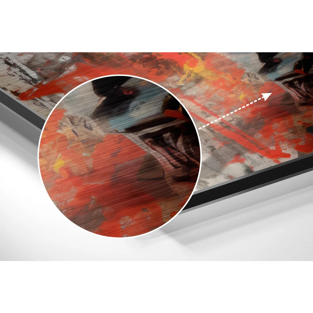 Stunning brushed aluminium dibond abstract art print with bold red, orange, gray brushstrokes on textured canvas