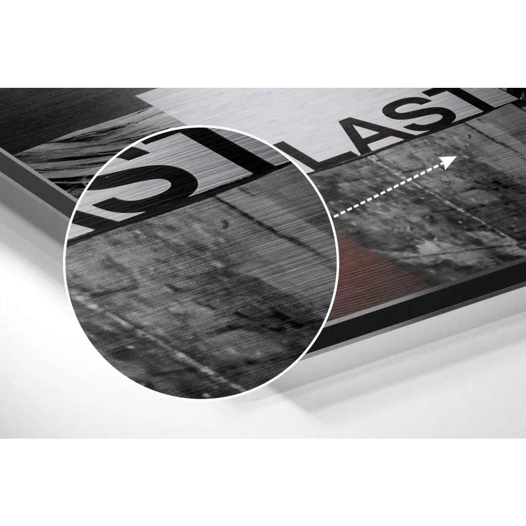 Black and white abstract art print on brushed aluminium dibond