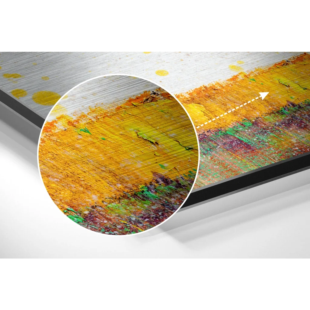 Stunning brushed aluminium dibond abstract art print in yellow and green