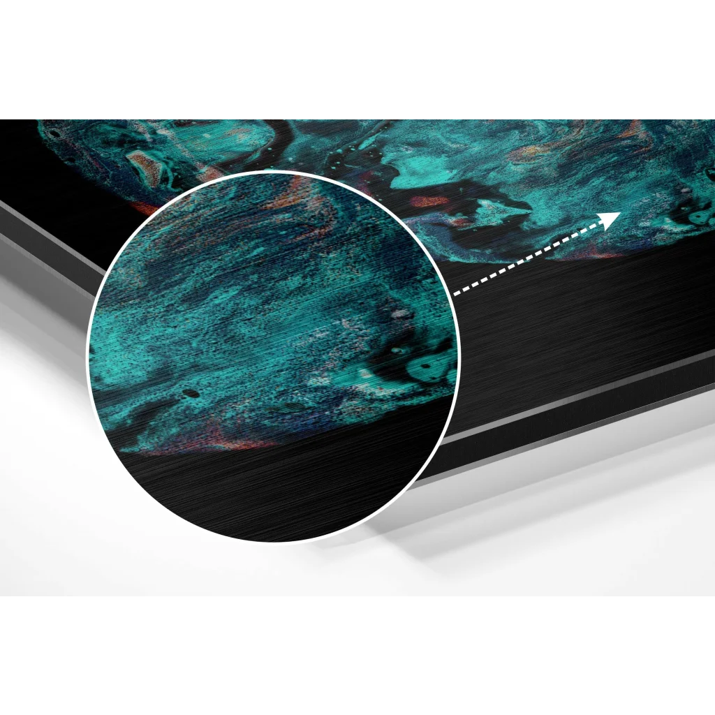 glass wall art Stunning teal and black abstract art print on brushed aluminium dibond