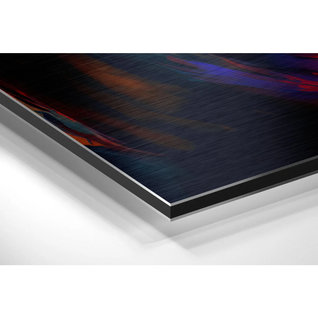 Sleek brushed aluminium dibond abstract art print with swirling blue, red, purple hues