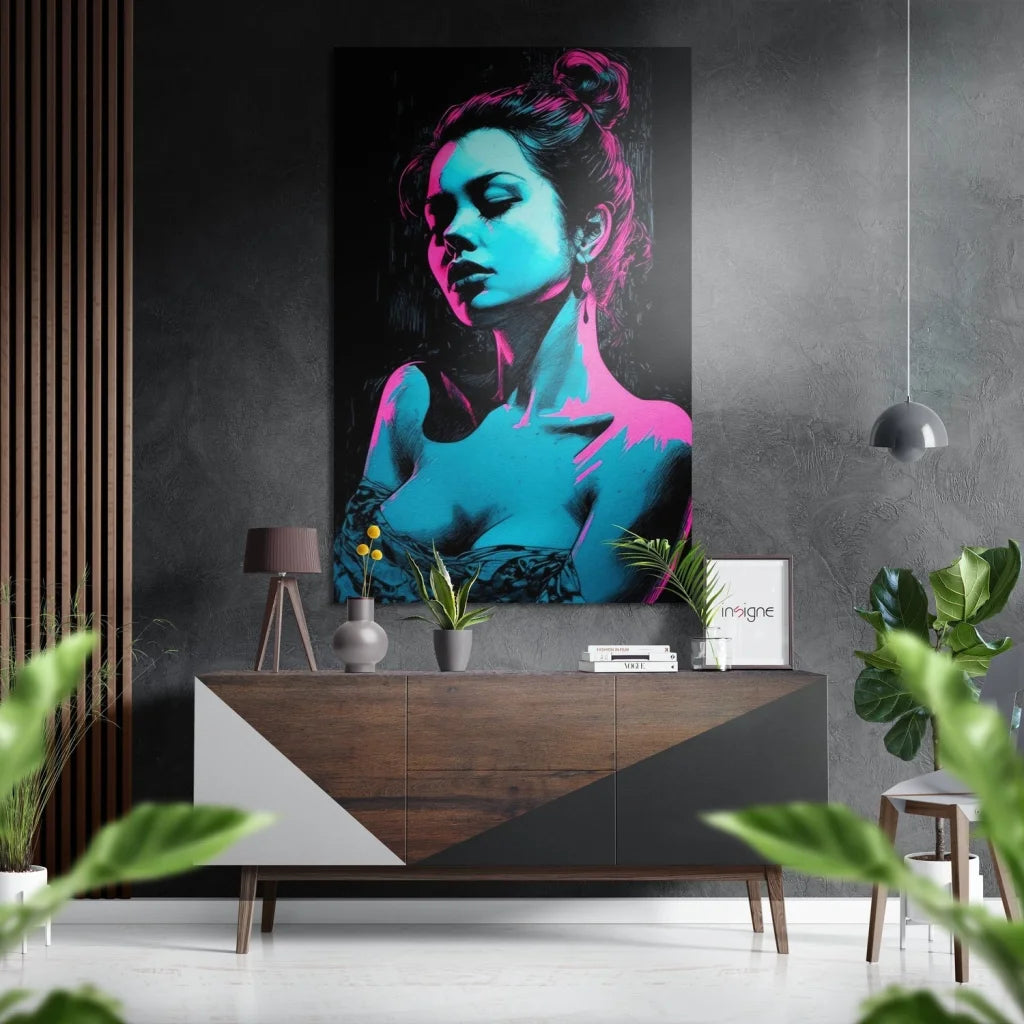 Vibrant pop-art woman portrait in teal magenta on brushed aluminium dibond canvas