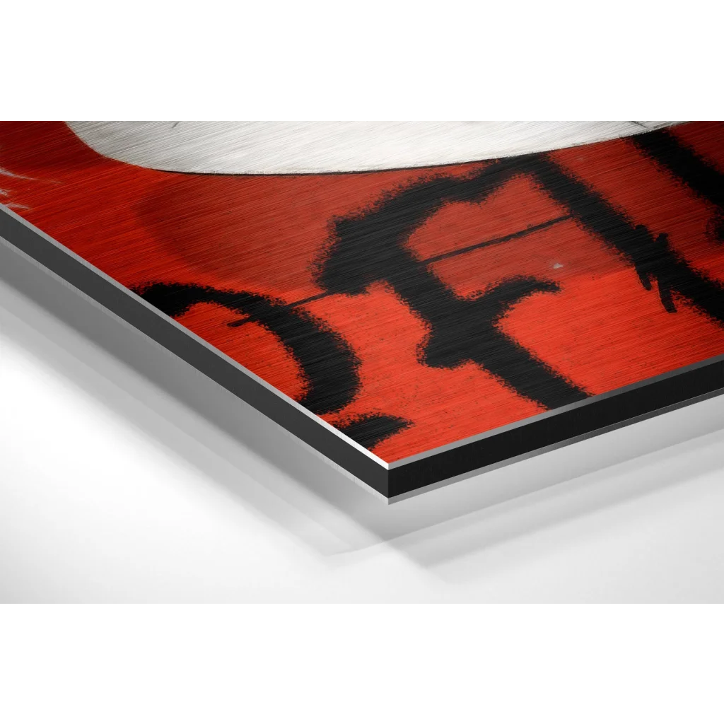 Red and black abstract art on brushed aluminium dibond panel