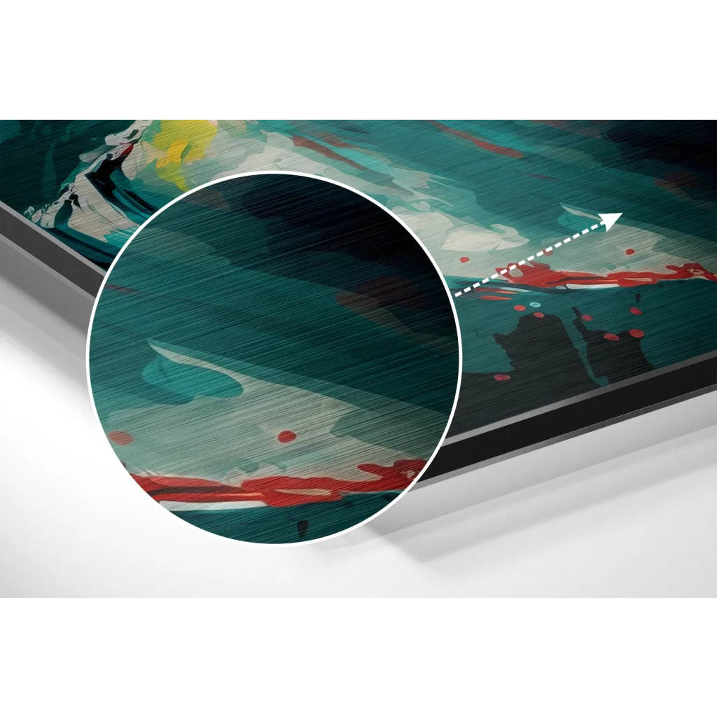 glass wall art Teal and red abstract on brushed aluminium dibond print in black frame