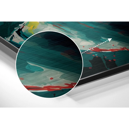 Teal and red abstract on brushed aluminium dibond print in black frame