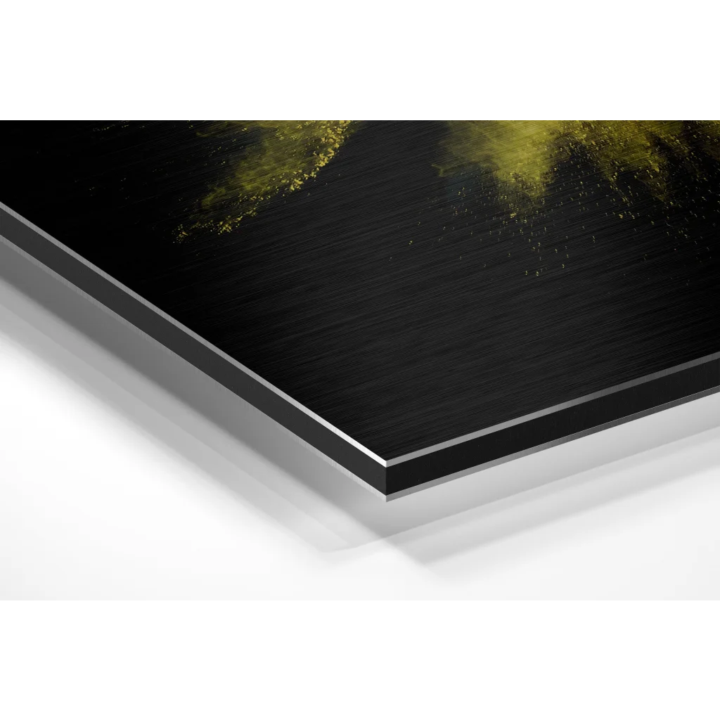 Stunning brushed aluminium dibond abstract art print with gold splatter