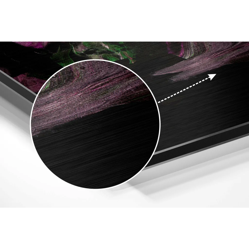glass wall art Stunning black and purple abstract art print on brushed aluminium dibond with textured brush strokes